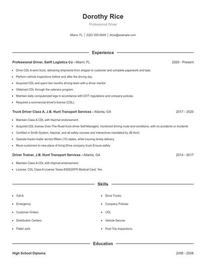 Professional Driver Resume