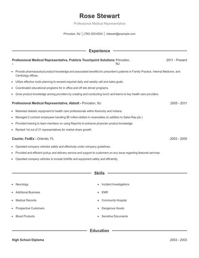 Professional Medical Representative Resume