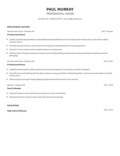 Professional Mover Resume