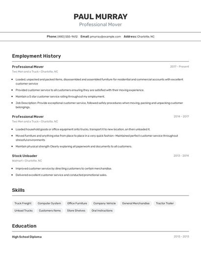 Professional Mover Resume
