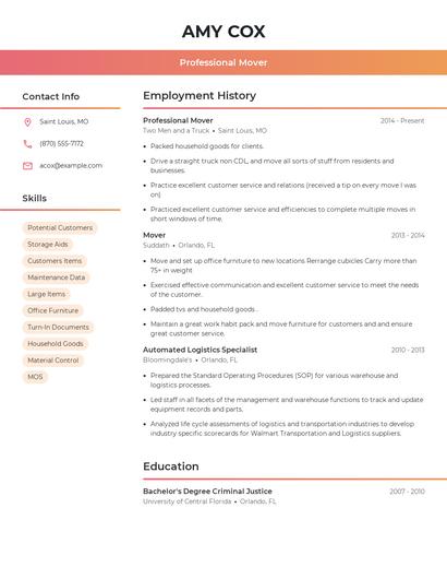 Professional Mover Resume
