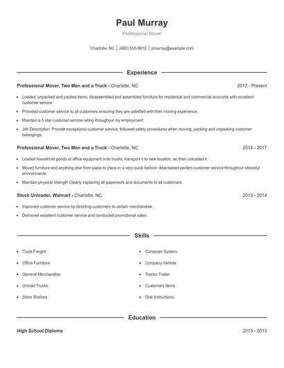 Professional Mover Resume