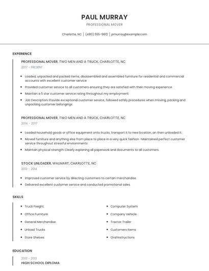 Professional Mover Resume