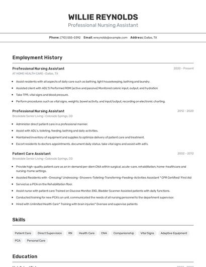 Professional Nursing Assistant Resume