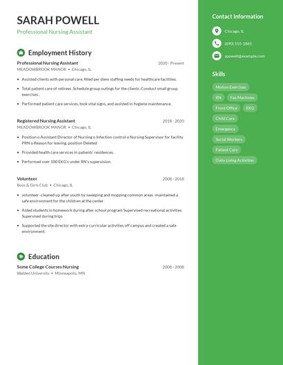 Professional Nursing Assistant Resume