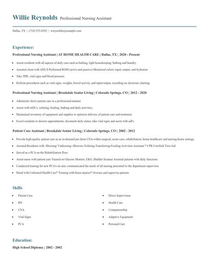 Professional Nursing Assistant Resume