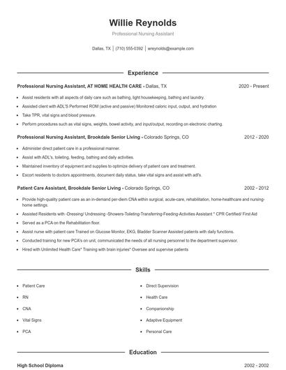 Professional Nursing Assistant Resume
