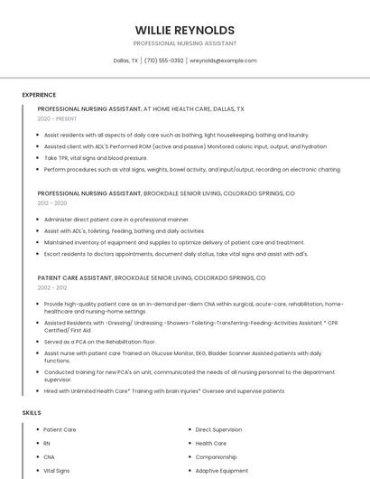 Professional Nursing Assistant Resume
