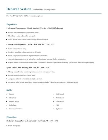 Professional Photographer Resume