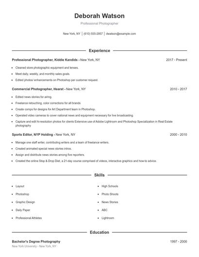 Professional Photographer Resume