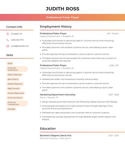Professional Poker Player Resume