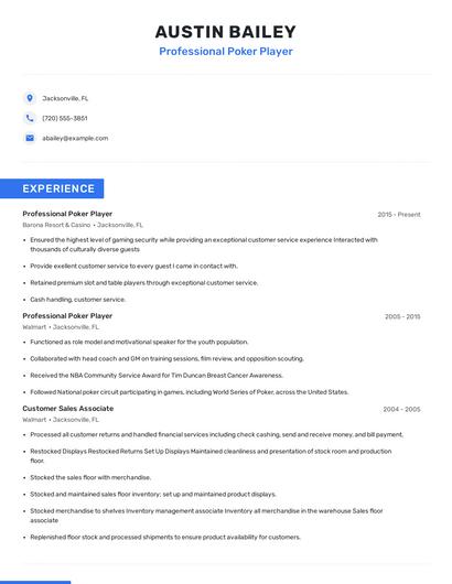 Professional Poker Player Resume