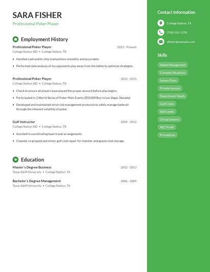 Professional Poker Player Resume