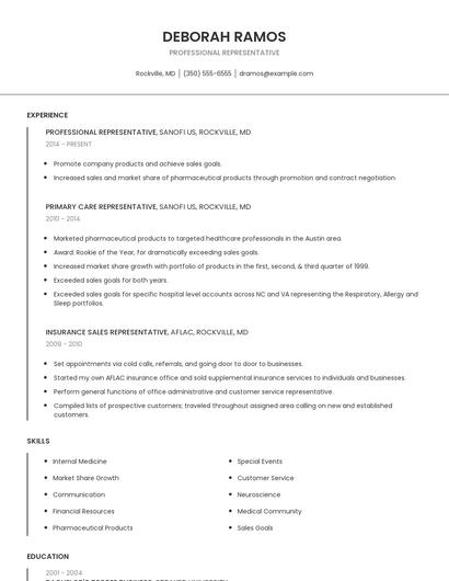 Professional Representative Resume