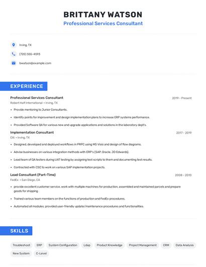 Professional Services Consultant Resume
