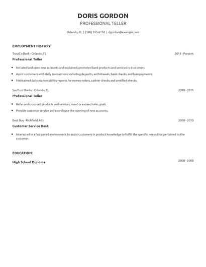 Professional Teller Resume