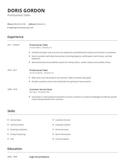 Professional Teller Resume
