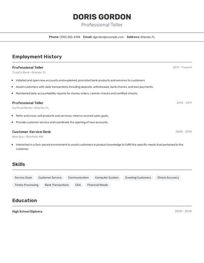 Professional Teller Resume