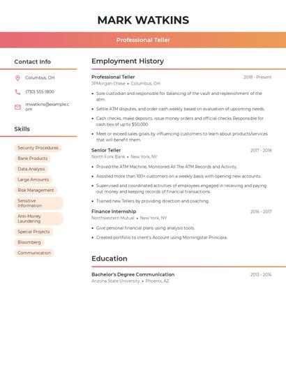 Professional Teller Resume