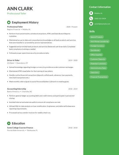 Professional Teller Resume