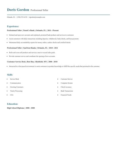 Professional Teller Resume