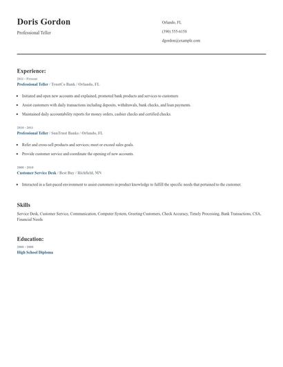 Professional Teller Resume