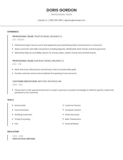 Professional Teller Resume