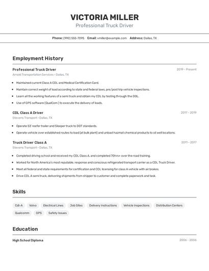 Professional Truck Driver Resume