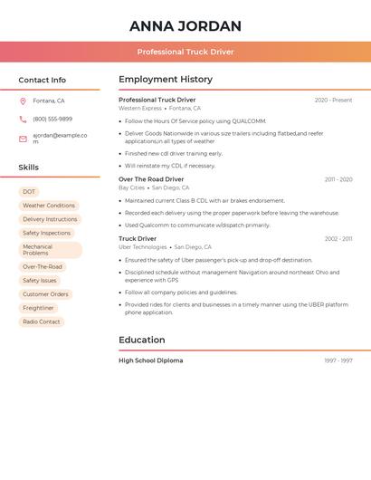 Professional Truck Driver Resume