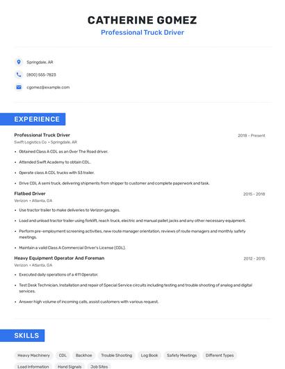 Professional Truck Driver Resume
