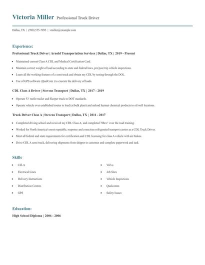 Professional Truck Driver Resume