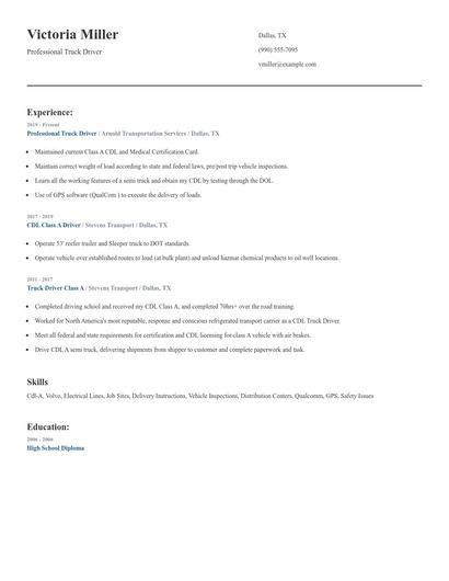 Professional Truck Driver Resume