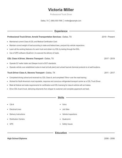Professional Truck Driver Resume