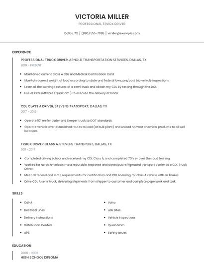 Professional Truck Driver Resume