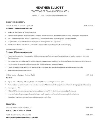 Professor Of Communication Arts Resume
