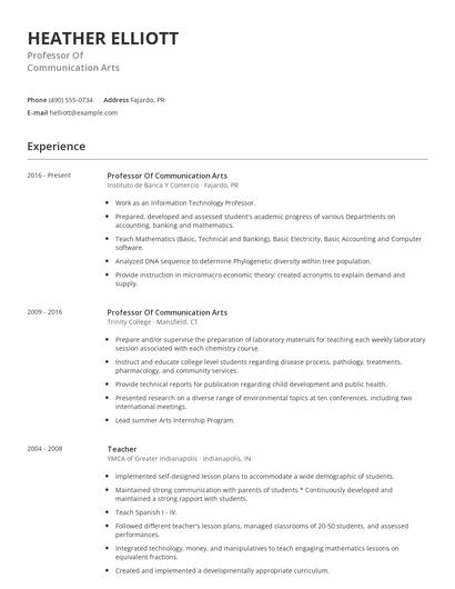 Professor Of Communication Arts Resume