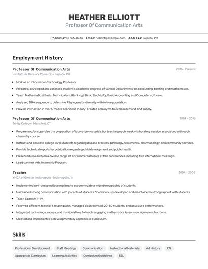Professor Of Communication Arts Resume