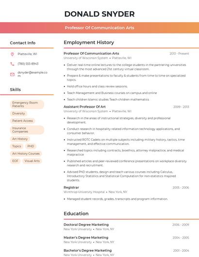 Professor Of Communication Arts Resume