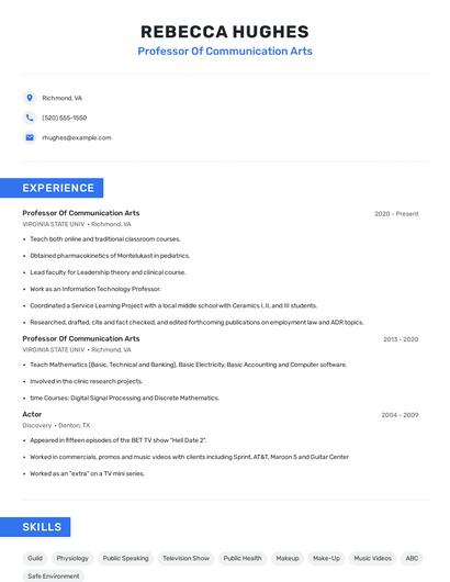 Professor Of Communication Arts Resume