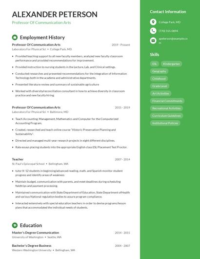 Professor Of Communication Arts Resume