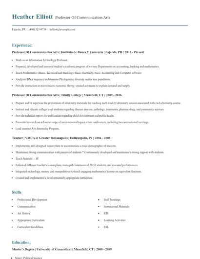 Professor Of Communication Arts Resume