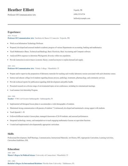 Professor Of Communication Arts Resume