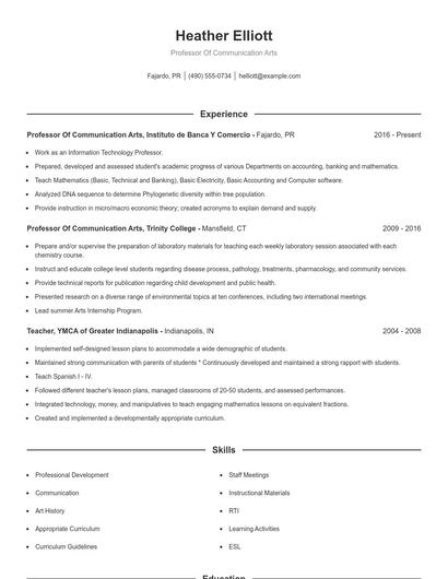 Professor Of Communication Arts Resume