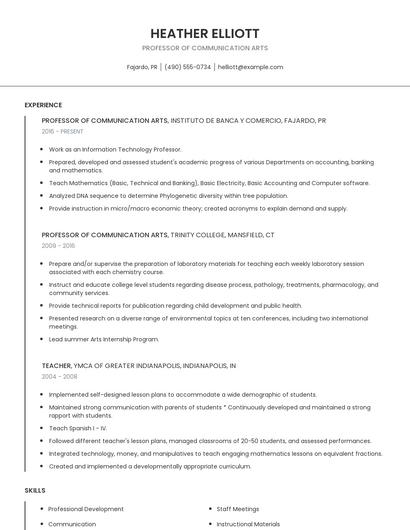 Professor Of Communication Arts Resume
