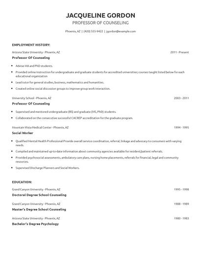 Professor Of Counseling Resume