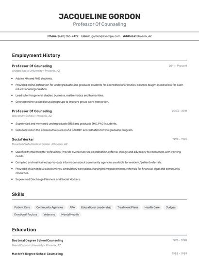 Professor Of Counseling Resume