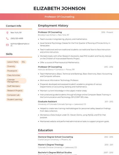 Professor Of Counseling Resume