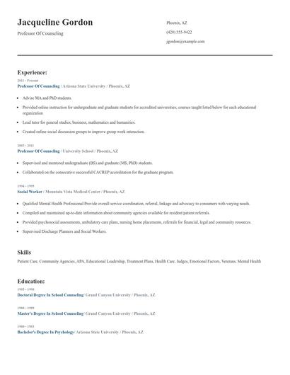 Professor Of Counseling Resume
