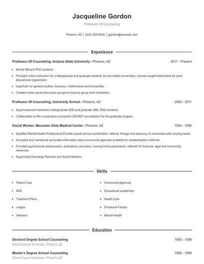Professor Of Counseling Resume