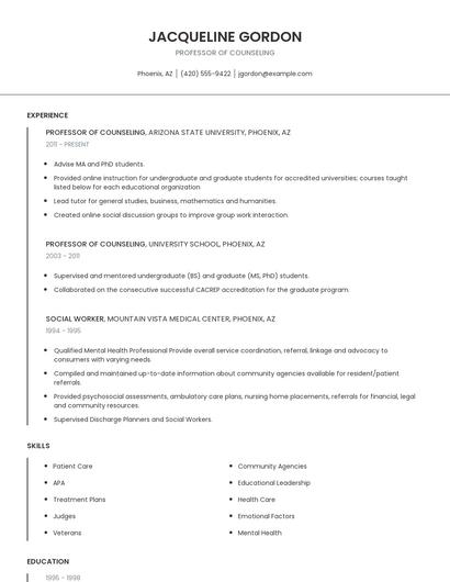 Professor Of Counseling Resume